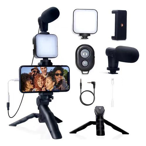 Handheld mobile phone stand with light and microphone