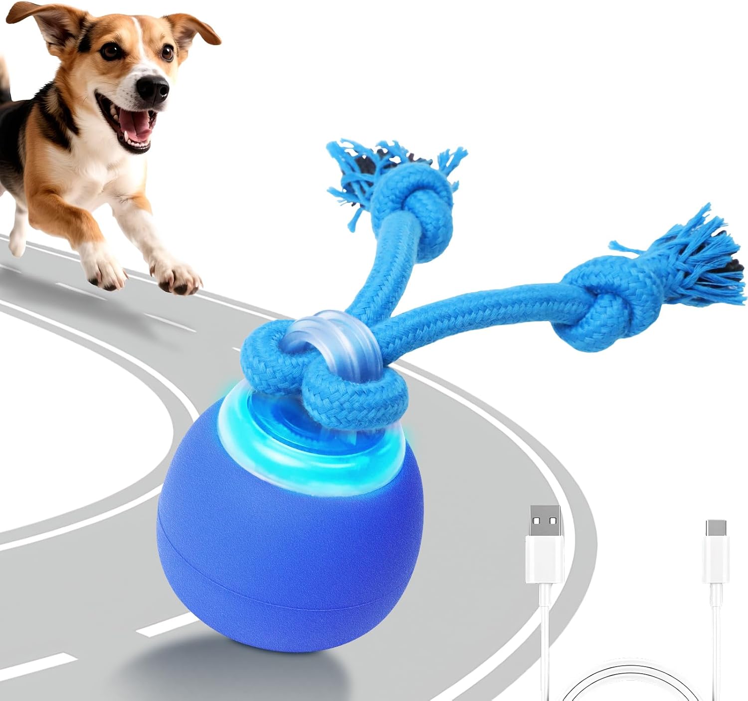 Electronic interactive pet ball with rope movement toy