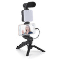 Handheld mobile phone stand with light and microphone