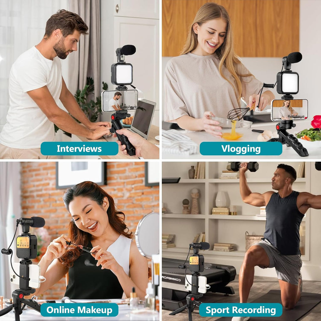 Handheld mobile phone stand with light and microphone